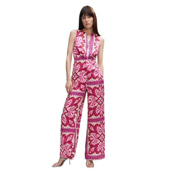 Mango Jumpsuit Womens S Pink Floral Italian Fabric Metal Detail Flowy Bohemian - Picture 1 of 16